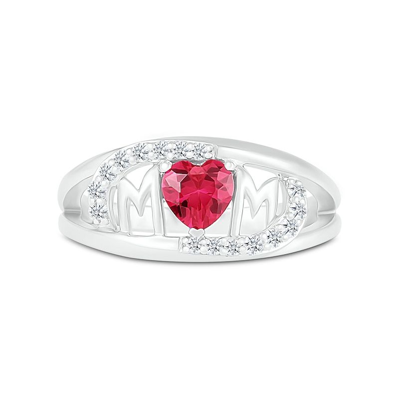 5.0mm Heart-Shaped Lab-Created Ruby and White Lab-Created Sapphire Bypass "MOM" Ring in Sterling Silver