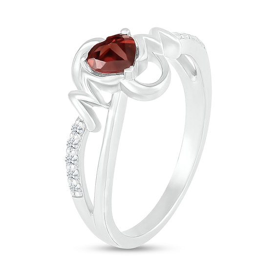 5.0mm Heart-Shaped Garnet and White Lab-Created Sapphire Mom Split Shank Ring in Sterling Silver