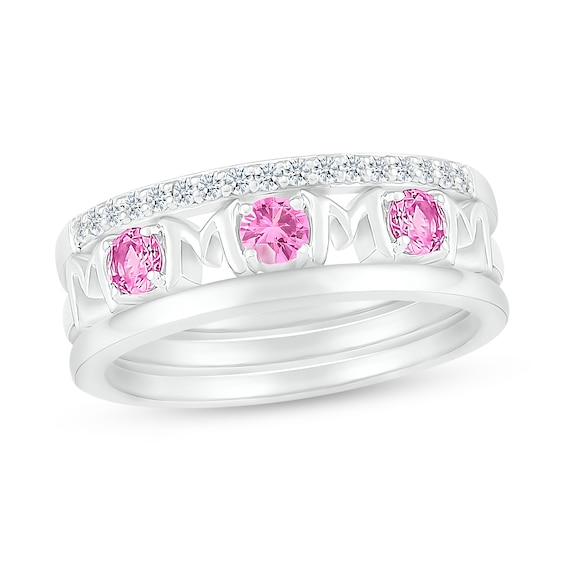 3.0mm Pink and White Lab-Created Sapphire Alternating Mom Triple Row Band in Sterling Silver