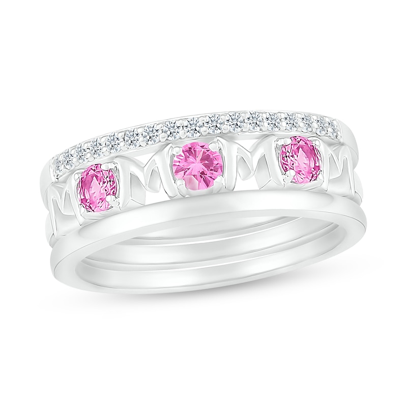 3.0mm Pink and White Lab-Created Sapphire Alternating "MOM" Triple Row Band in Sterling Silver