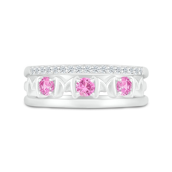 3.0mm Pink and White Lab-Created Sapphire Alternating Mom Triple Row Band in Sterling Silver
