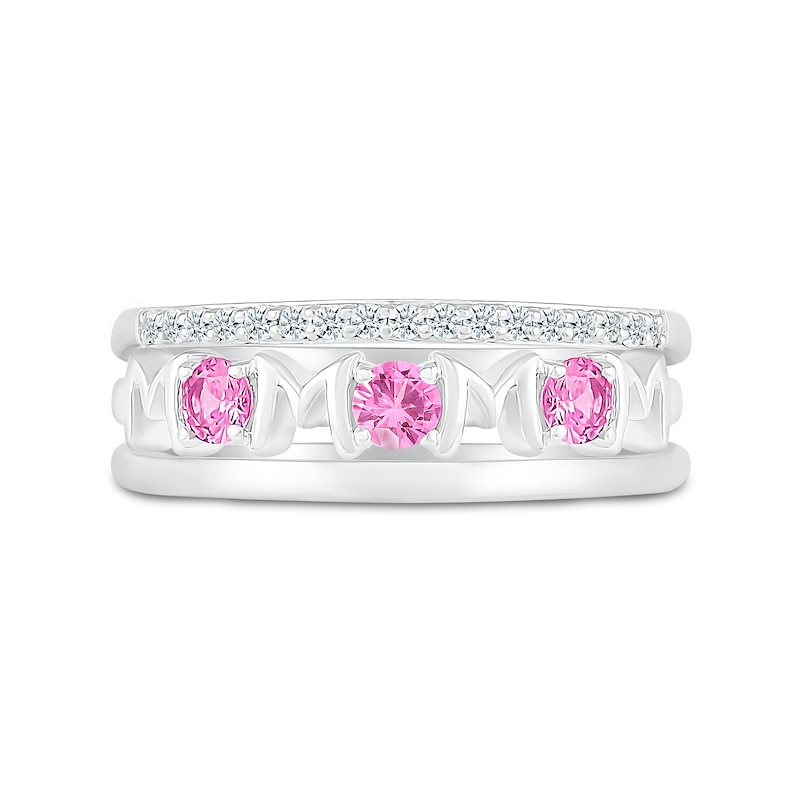 3.0mm Pink and White Lab-Created Sapphire Alternating "MOM" Triple Row Band in Sterling Silver