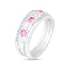 Thumbnail Image 2 of 3.0mm Pink and White Lab-Created Sapphire Alternating "MOM" Triple Row Band in Sterling Silver