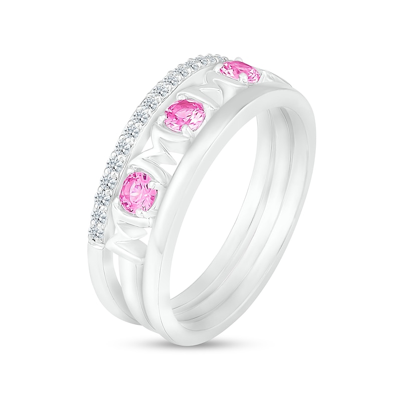 3.0mm Pink and White Lab-Created Sapphire Alternating "MOM" Triple Row Band in Sterling Silver