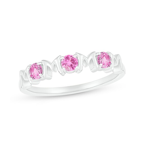 3.0mm Pink and White Lab-Created Sapphire Alternating Mom Triple Row Band in Sterling Silver