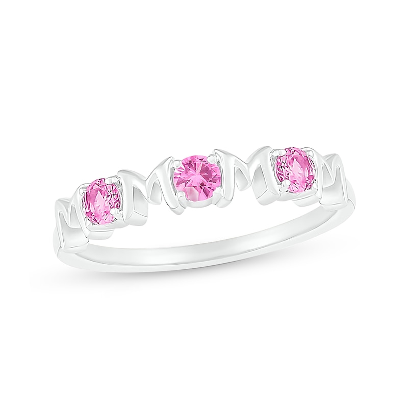 3.0mm Pink and White Lab-Created Sapphire Alternating "MOM" Triple Row Band in Sterling Silver