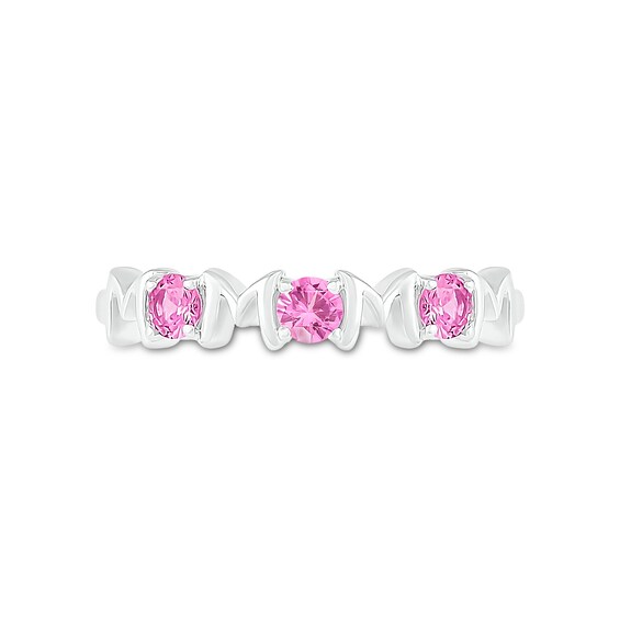 3.0mm Pink and White Lab-Created Sapphire Alternating Mom Triple Row Band in Sterling Silver