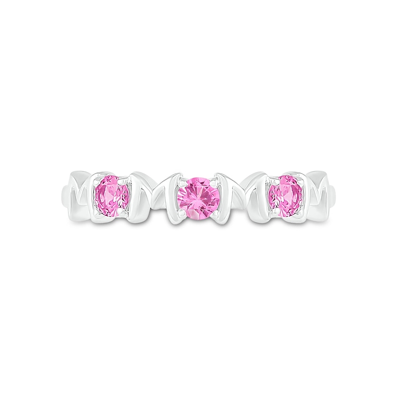 3.0mm Pink and White Lab-Created Sapphire Alternating "MOM" Triple Row Band in Sterling Silver