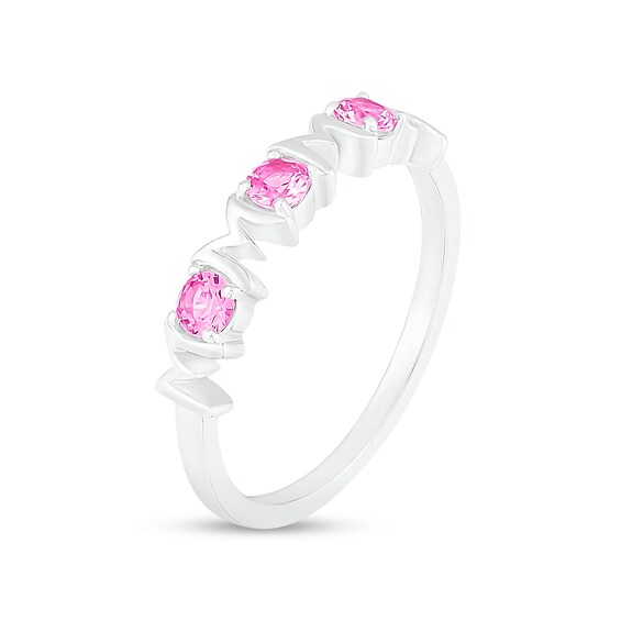 3.0mm Pink and White Lab-Created Sapphire Alternating Mom Triple Row Band in Sterling Silver