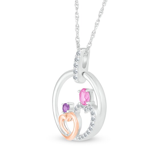 Oval Pink and White Lab-Created Sapphire with Amethyst Motherly Love Pendant in Sterling Silver and 10K Rose Gold