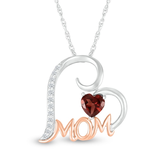 5.0mm Heart-Shaped Garnet and White Lab-Created Sapphire Mom Tilted Heart Pendant in Sterling Silver and 10K Rose Gold