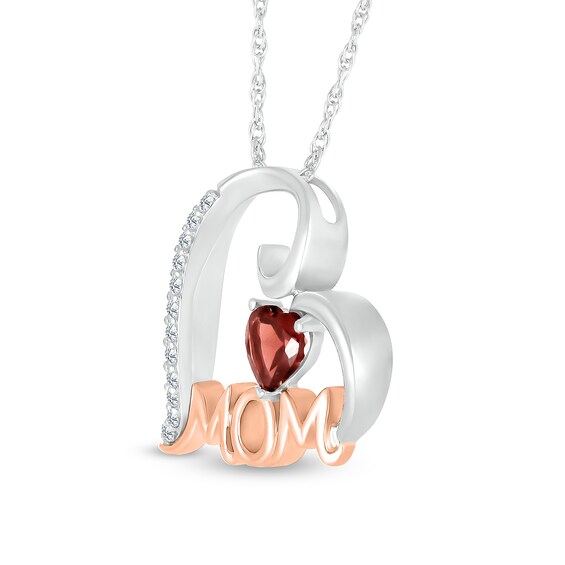 5.0mm Heart-Shaped Garnet and White Lab-Created Sapphire Mom Tilted Heart Pendant in Sterling Silver and 10K Rose Gold