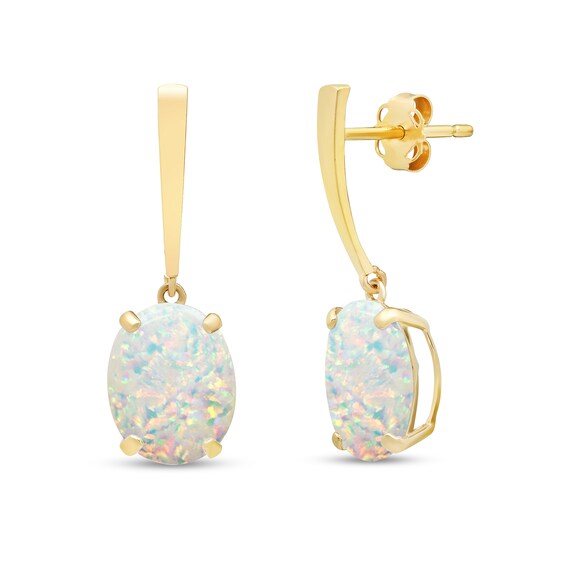 Oval Lab-Created Opal Solitaire Drop Earrings in 14K Gold