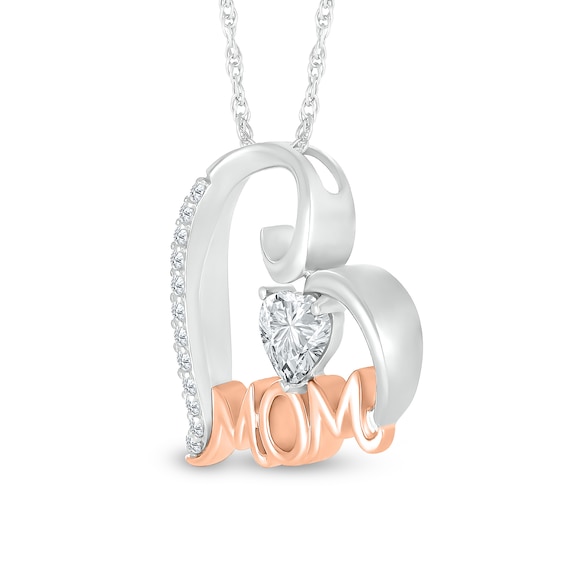 5.0mm Heart-Shaped White Lab-Created Sapphire Mom Tilted Heart Pendant in Sterling Silver and 10K Rose Gold