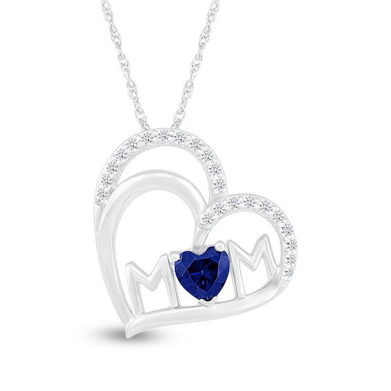 5.0mm Blue and White Lab-Created Sapphire Mom Tilted Double Heart Pendant in Sterling Silver