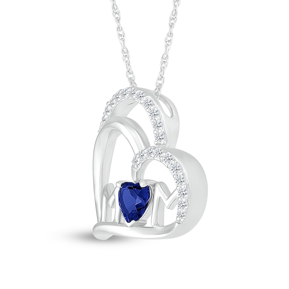 5.0mm Blue and White Lab-Created Sapphire Mom Tilted Double Heart Pendant in Sterling Silver