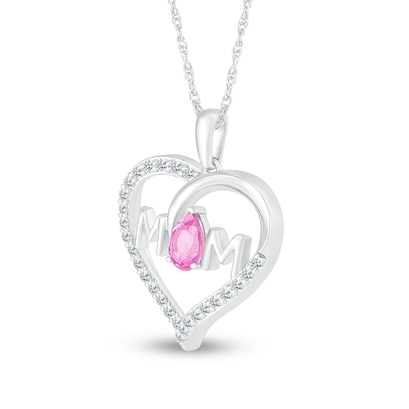 Pear-Shaped Pink and White Lab-Created Sapphire "MOM" Loop Heart Pendant in Sterling Silver