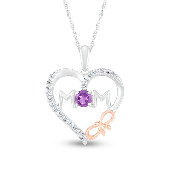 4.0mm Amethyst and White Lab-Created Sapphire Mom Heart with Bow Pendant in Sterling Silver and 10K Rose Gold