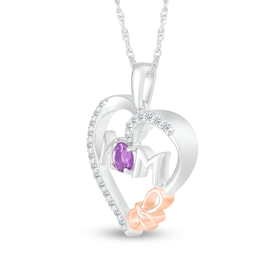 4.0mm Amethyst and White Lab-Created Sapphire Mom Heart with Bow Pendant in Sterling Silver and 10K Rose Gold