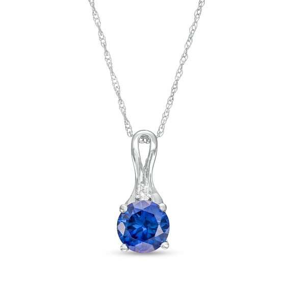 6.0mm Blue Lab-Created Sapphire and Diamond Accent Loop-Top Drop Pendant in 10K White Gold