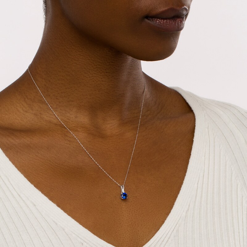 Main Image 2 of 6.0mm Blue Lab-Created Sapphire and Diamond Accent Loop-Top Drop Pendant in 10K White Gold