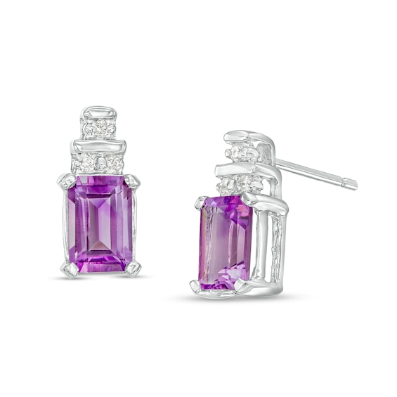 Octagonal Amethyst and 1/20 CT. T.w. Diamond Tri-Top Tiered Stud Earrings in 10K White Gold