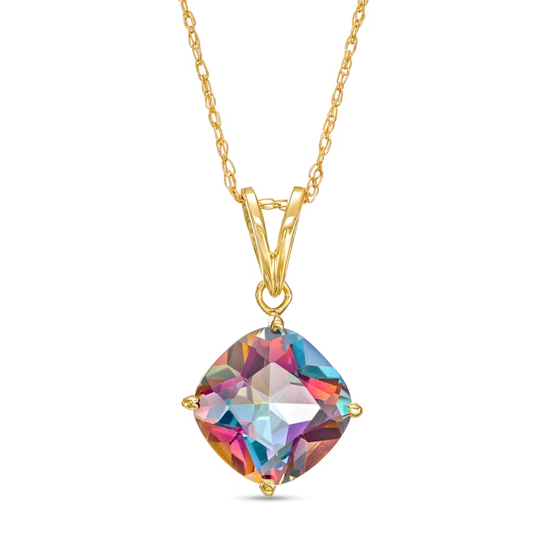 Main Image 1 of 10.0mm Cushion-Cut Mystic Fire® Topaz Solitaire Tilted Drop Pendant in 10K Gold