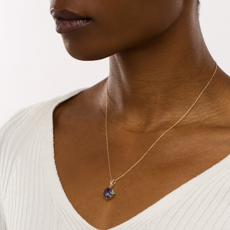 Main Image 2 of 10.0mm Cushion-Cut Mystic Fire® Topaz Solitaire Tilted Drop Pendant in 10K Gold