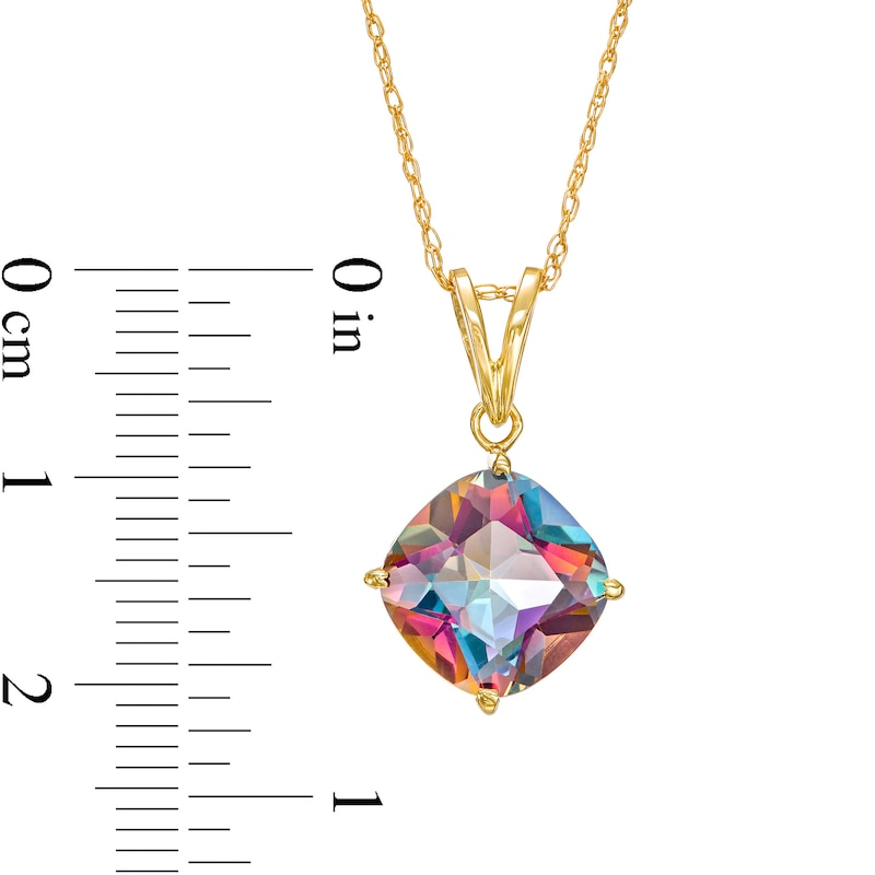 Main Image 3 of 10.0mm Cushion-Cut Mystic Fire® Topaz Solitaire Tilted Drop Pendant in 10K Gold