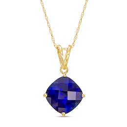 10.0mm Cushion-Shaped Blue Lab-Created Sapphire Solitaire Tilted Drop Pendant in 10K Gold
