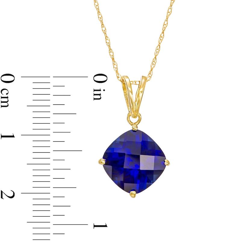 Main Image 3 of 10.0mm Cushion-Shaped Blue Lab-Created Sapphire Solitaire Tilted Drop Pendant in 10K Gold