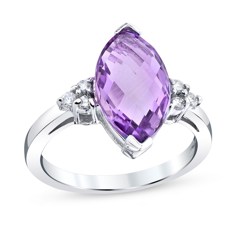 Main Image 1 of Checkerboard Marquise Pink Quartz and 1/8 CT. T.W. Diamond Tri-Sides Ring in 14K White Gold