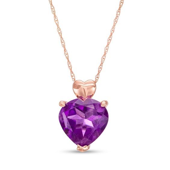 10.0mm Heart-Shaped Amethyst Solitaire and Mini Puff Heart-Top Pendant in 10K Rose Gold