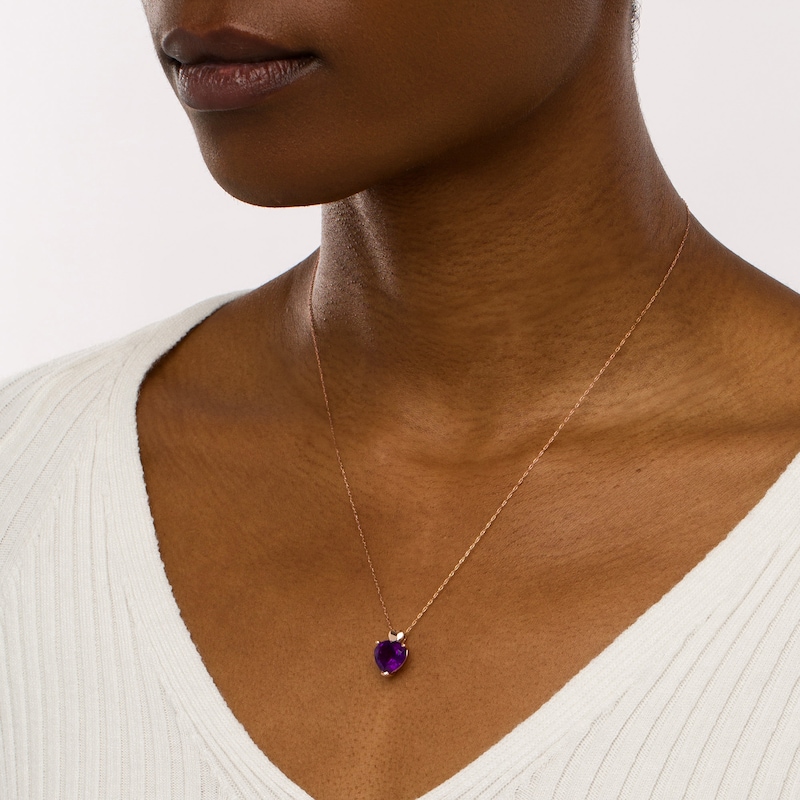 10.0mm Heart-Shaped Amethyst Solitaire and Mini Puff Heart-Top Pendant in 10K Rose Gold