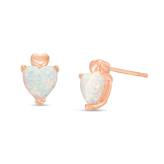 6.0mm Heart-Shaped Lab-Created Opal Cabochon Solitaire and Mini Puff Heart-Top Stud Earrings in 10K Rose Gold