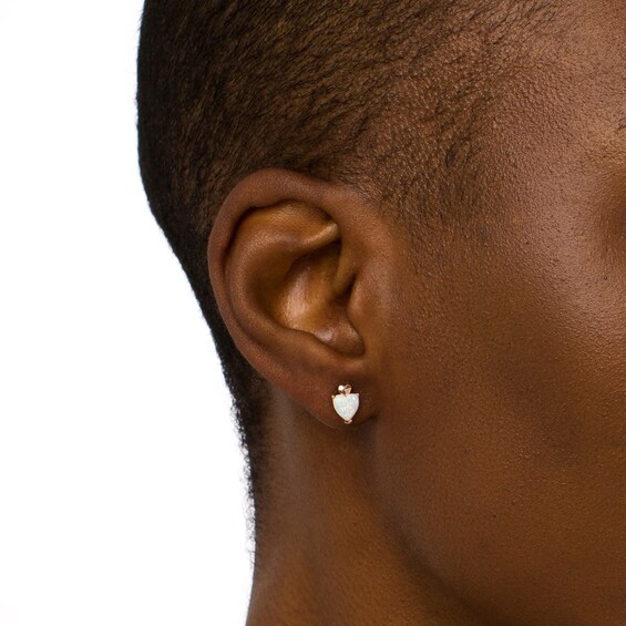 6.0mm Heart-Shaped Lab-Created Opal Cabochon Solitaire and Mini Puff Heart-Top Stud Earrings in 10K Rose Gold