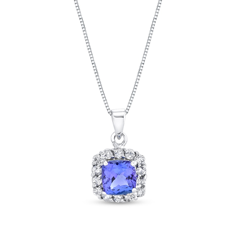 Main Image 1 of 6.0mm Cushion-Cut Tanzanite and 1/4 CT. T.W. Diamond Frame Drop Pendant in 14K White Gold