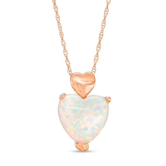 10.0mm Heart-Shaped Lab-Created Opal Cabochon Solitaire and Mini Puff Heart-Top Pendant in 10K Rose Gold