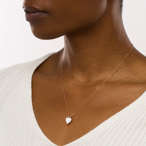 10.0mm Heart-Shaped Lab-Created Opal Cabochon Solitaire and Mini Puff Heart-Top Pendant in 10K Rose Gold