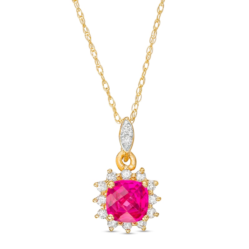 5.0mm Cushion-Cut Lab-Created Ruby and 1/8 CT. T.W. Diamond Starburst Frame Drop Pendant in 10K Gold