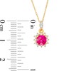 Thumbnail Image 2 of 5.0mm Cushion-Cut Lab-Created Ruby and 1/8 CT. T.W. Diamond Starburst Frame Drop Pendant in 10K Gold