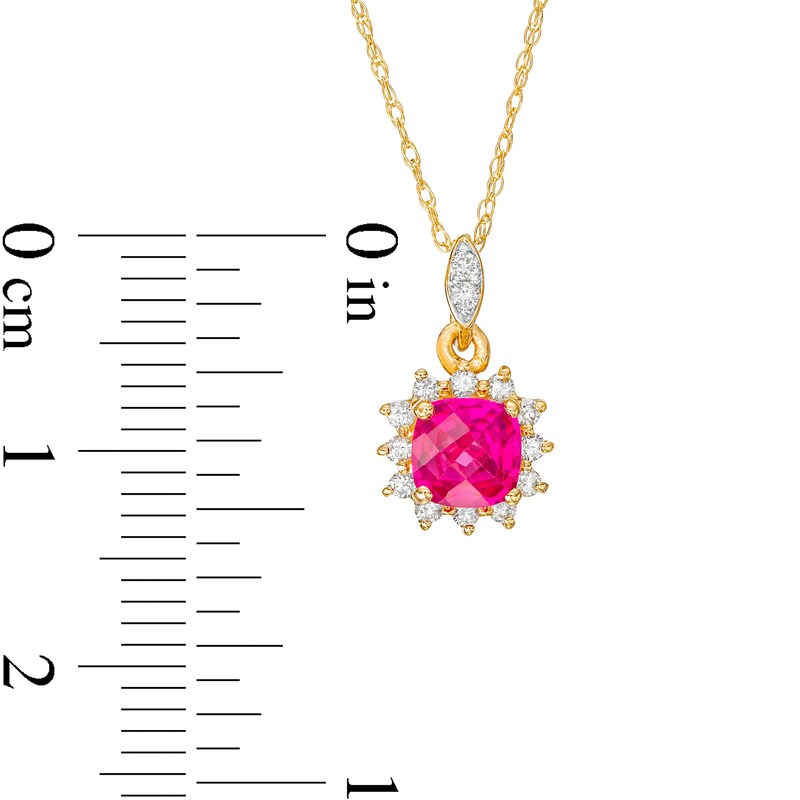 5.0mm Cushion-Cut Lab-Created Ruby and 1/8 CT. T.W. Diamond Starburst Frame Drop Pendant in 10K Gold