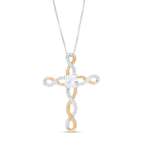 5.0mm White Lab-Created Sapphire Loose Braid Cross Pendant in Sterling Silver with 14K Gold Plate