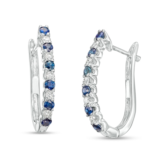 Blue Sapphire and 1/3 CT. T.w. Diamond Alternating Hoop Earrings in 10K White Gold