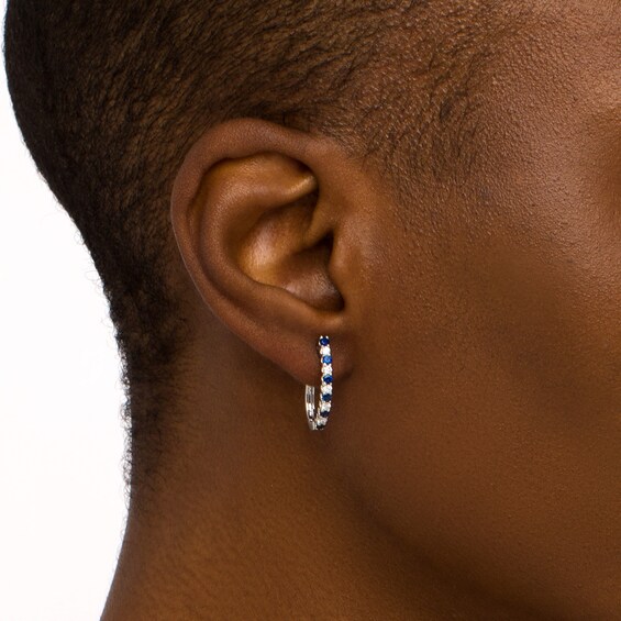 Blue Sapphire and 1/3 CT. T.w. Diamond Alternating Hoop Earrings in 10K White Gold