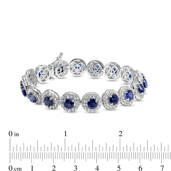 5.0mm Blue and White Lab-Created Sapphire Frame Tennis Bracelet in Sterling Silver â 7.25"