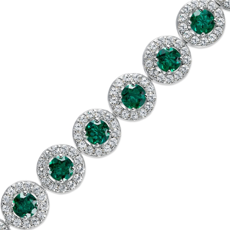 Main Image 1 of 5.0mm Lab-Created Emerald and White Lab-Created Sapphire Frame Tennis Bracelet in Sterling Silver – 7.25"