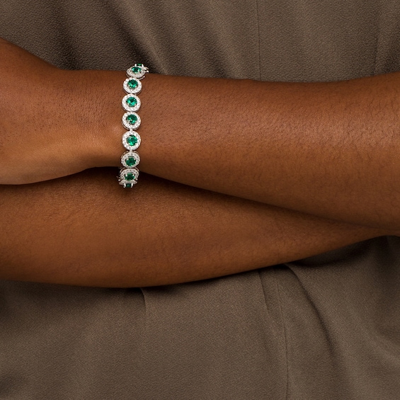 5.0mm Lab-Created Emerald and White Lab-Created Sapphire Frame Tennis Bracelet in Sterling Silver â 7.25"