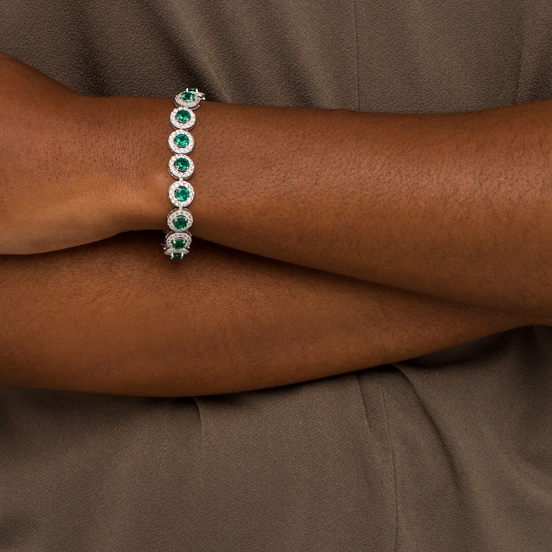 Main Image 2 of 5.0mm Lab-Created Emerald and White Lab-Created Sapphire Frame Tennis Bracelet in Sterling Silver – 7.25"