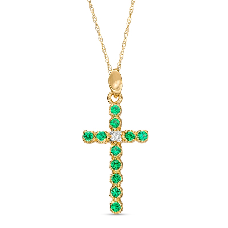 Lab-Created Emerald and Diamond Accent Cross Pendant in 10K Gold